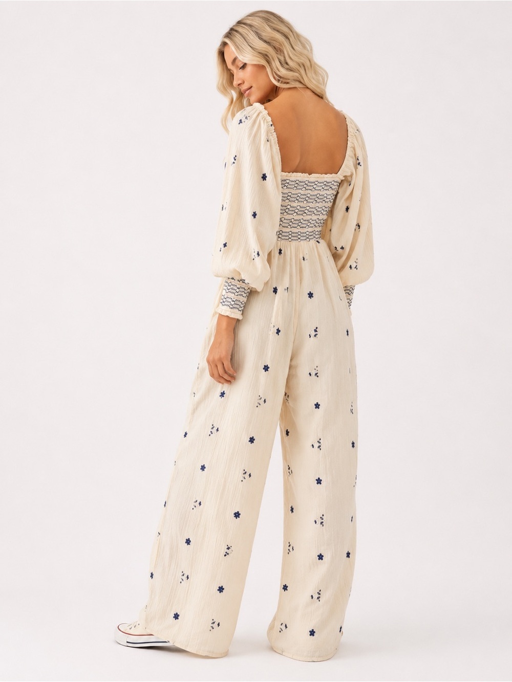 Free People Dahlia Embroidered Jumpsuit Romper Cream Cotton Smocked Boho Size M - Picture 3 of 8